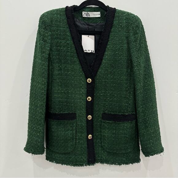 NWT Zara Green Black Trim Textured Tweed Button Blazer Jacket. Blogger fave. - Picture 9 of 13